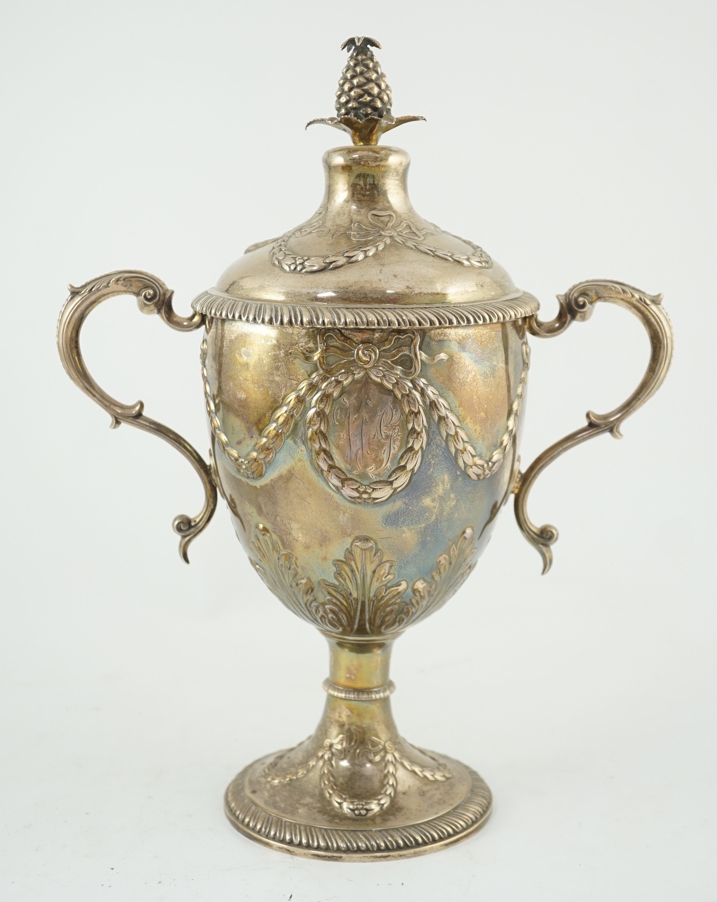 A George III silver presentation two handled vase shaped pedestal cup and cover by Richard Gardner